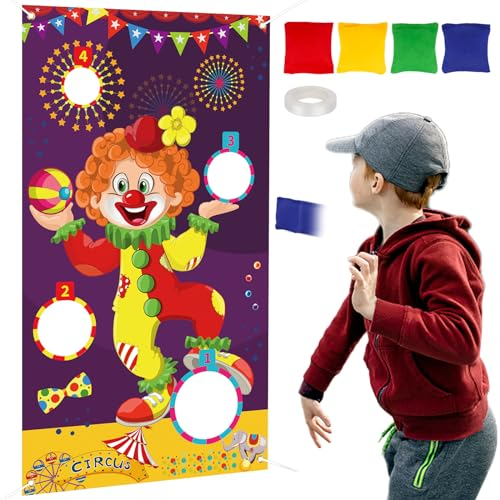 BETESSIN Karneval Wurfspiel Banner Clown Deko Zirkus Spiel mit 4 Bohnensäcke für Garten Indoor Outdoor Geburtstagsparty Faschingsparty Party Deko