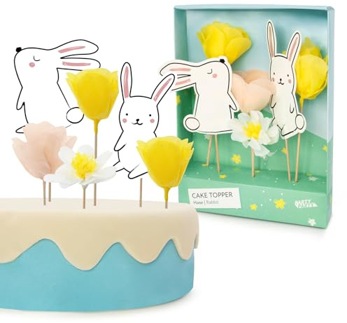 PARTY PARTY Hase Tortendeko Cake Topper Set 6 Teile, Blumen Kuchen Deko, Osterhase, Oster Deko, Kindergeburtstag Junge Mädchen, Geburtstag