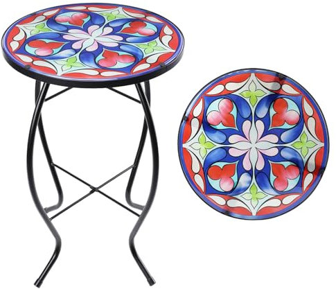 MUMTOP Mesas auxiliares de patio, mesa auxiliar de mosaico para exteriores, mesa auxiliar redonda de vidrio con patrón simétrico de 14 pulgadas, soporte para plantas, mesa auxiliar pequeña para