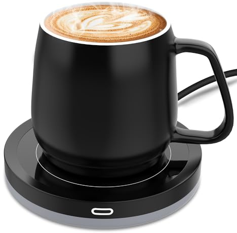 Smart Beverage Warmer Set:Beverage Warmer Auto On/Off Gravity-Induction For Office Home Desk,Candle Wax Warmer Heating Plate(131℉/55℃),14oz（Black Set）