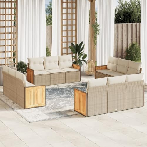 Rantry 12-TLG. Garten Sofagarnitur mit Kissen Gartensofa mit Stauraum Gartenlounge Balkonmöbel Gartenmöbel Loungesofa Rattansofa Ecksofa Sitzgruppe Loungemöbel Gartenset Beige Poly Rattan