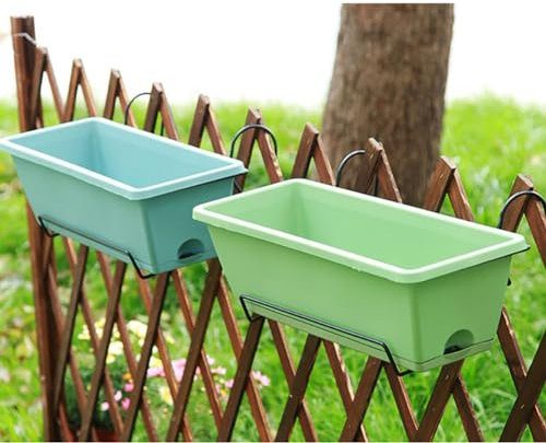 2 Pack Window Box Planter with Iron Hanging Shelf Basket, Plastic Vegetable Flower Planter Boxes with Tray, Rectangular Indoor and Outdoor Flower Pots for Windowsill