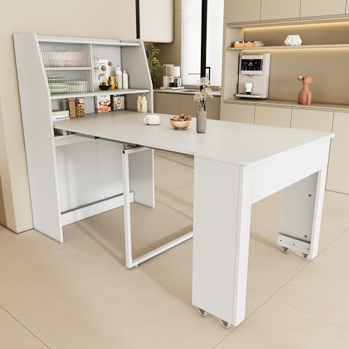 NIUAWASA Ausziehbarer Esstisch, 52/132.5x80x76cm Einweg-Ausziehtisch Esszimmer-Stauschrank Esstisch mit Stauraum Rechteckiger Esstisch Coffee Lounge Tisch Platzsparender Multifunktions-Esstisch Weiß