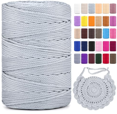 Polyester Makramee Garn 3mm X 225m，Makramee Band，polyester garn 100% Polypropylene Yarn HäKeln FüR Blumenampel Deko KnüPfen Taschen Diy (Silber, 1 Pcs)