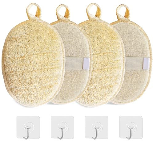GmwyCzV 4 Pièces Eponge Loofah, Beige Éponge de Bain Exfoliante Luffa, Éponges en Luffa Naturel avec 4 Crochets Transparents, Reutilisable Gommage Eponge Naturelle, pour Spa, Cuisine, Corps, Le Bain