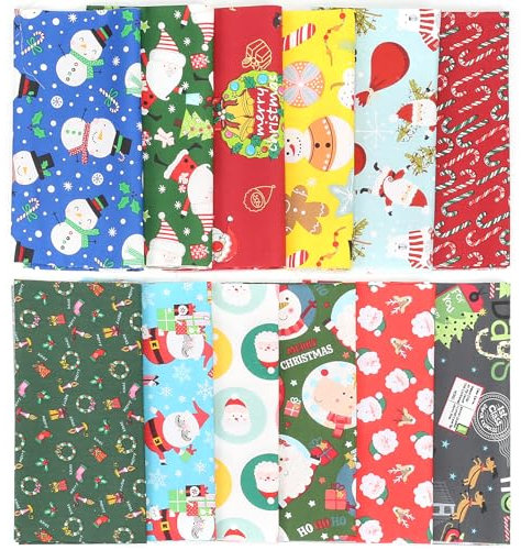 HO2NLE 12 Piezas Tela de Algodón Navideña 50 x 50cm Cuadrado Coser Acolchado Patchwork Tela Recortes Navidad para Bricolaje Navidad Costura Manualidades Suministros