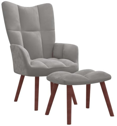 Myheimly Relaxsessel mit Hocker,Sessel mit Stahlrahmen Holzbeinen,Relaxstuhl Polsterstuhl mit Armlehne,Fernsehsessel Polstersessel Wohnzimmer,Modern Samt Sessel Hellgrau,Mit Fußablage