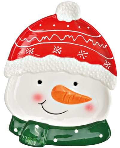 Assiette bonhomme de neige colorée en céramique pour biscuits et collations - Jolie assiette de service de Noël 17 x 21 cm comme décoration de table et de Noël - Assiette décorative amusante avec