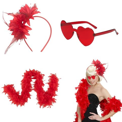 PMELCXD Feder Haarreif mit Künstlichen Blumen,Vielseitiges Federboa Set - 2M Farbenfrohe Federboa, Herzförmige Brillen und Federblumen-Stirnband, Ideal für Partys und Veranstaltungen