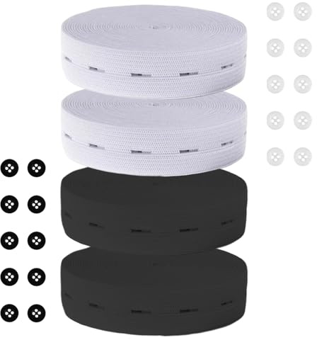 Cinta Elástica con Agujeros para Botones,Cuerda Plana Trenzada,4 Rollos de 2,5cm x 5m de Ancho en Blanco y Negro,Banda Elastica Costura,Cinta Elastica Costura,para Manualidades,Incluye 20 Botones