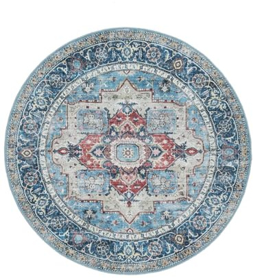 RugVista Georgia Oriental Teppich, Ø 160 cm, Blau/Multi | Orientalische, Rund, Mittlerer Stapel, Maschinenwäsche, Oeko-Tex 100, Wohnzimmer, Schlafzimmer
