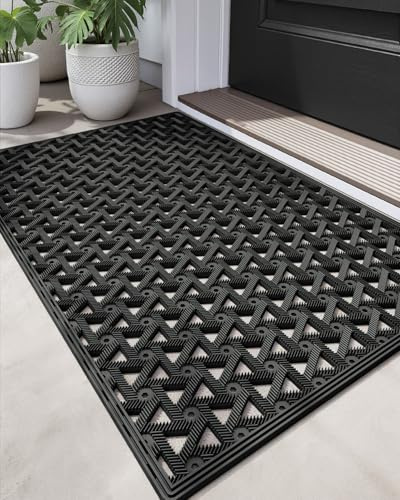 DEXI Front Door Mat Outside Entrance Rubber 24x36, Welcome Floor Doormat Heavy Duty Non Slip, Dirt Trapper Waterproof Exterior Entry Mats All Weather for Patio Entryway Drainage, Black