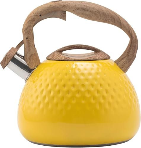 Stainless Steel Teapot with Wood Grain Handle, 3L Whistling Tea Kettle Suitable for Gas Stove Induction Cooker(Yellow)