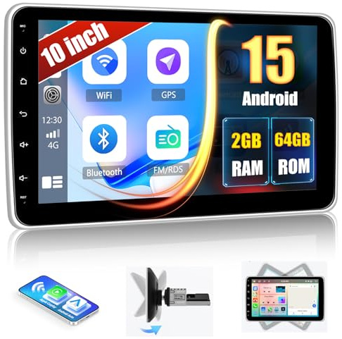 SIXWIN 2GB+64GB Android 15 Autoradio 1 Din con Carplay/Android Auto, 10 Pollici HD Schermo Rotabile e Staccabile 360° GPS WiFi RDS FM/RDS Bluetooth Mirror Link Comandi al Volante