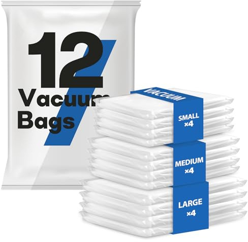 Vacbird Vakuumbeutel für Kleidung mit pumpe, 12 Stück (4 Groß, 4 Mittel, 4 Klein) Wiederverwendbare Vakuumierbeutel für Reisen – Platzsparende Travel Essentials