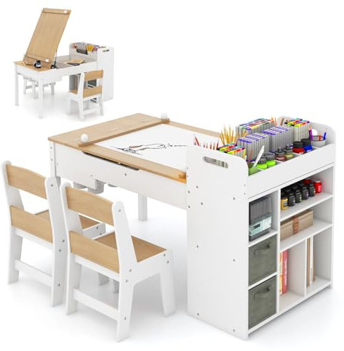 DREAMADE 3 in 1 Kindertisch mit 2 Stühlen aus Holz, Kinder Maltisch mit kippbarer Tischplatte & 2 Stoffboxen & Papierrolle, Kindersitzgruppe mit Stauraum für Kinderzimmer (Natur,mit 7 Fächern)