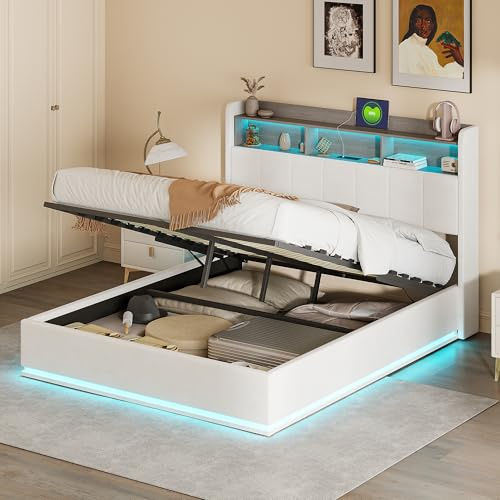 PerGar Bett 140x200cm mit LED Beleuchtung und USB, Doppelbett mit Hydraulisches Stauraum, Kopfteil mit Stauraum, Polsterbett Bettgestell, Lattenrost, Flanell, Weiß, Ohne Matratze