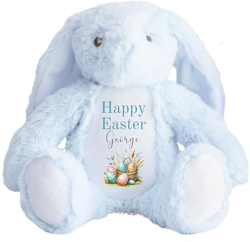 HotScamp Personalised Easter Bunny with Name - Happy Easter Egg Basket Blue - Soft Toy for Baby, Toddler, Child, Kids, Babies Spring Time - Blue Letter Blu Bunny