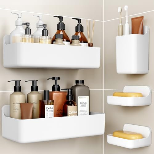 Orimade Duschablage ohne Bohren-Duschregal 5 Stück,Shampoo Halterung für Dusche Große Kapazität,Badregal ohne Bohren, ABS, Weiß
