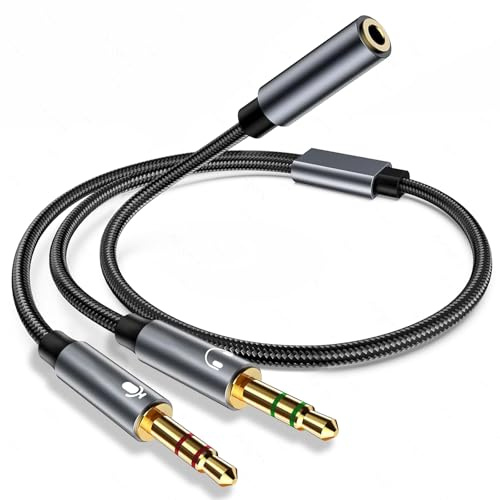 Avigers 3.5mm Headset Splitter, 1 Female to 2 Male, Braided | One female headset port to separate headphone and microphone plugs, braided cable for PC, laptop and PS4 or PS5