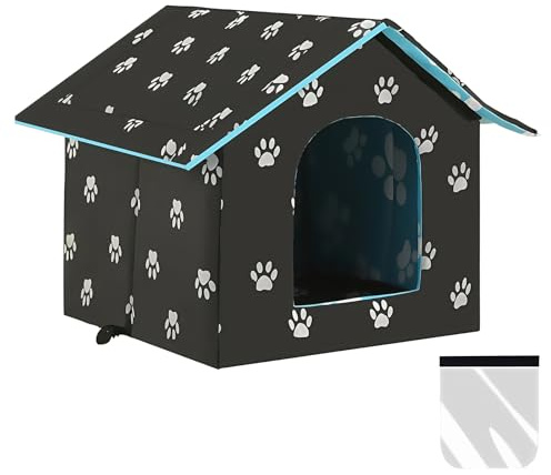 Katzenhaus Outdoor Winterfest: Faltbare Katzenhöhle mit Abnehmbarem Transparentem Vorhang, Wasserdicht Wetterfester Warm Katzenhaus, Hundehaus Katzenhöhle für Draußen, 45x43x40cm