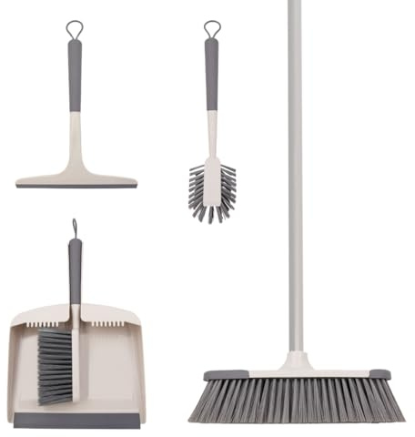 Anika 4-Piece Household Cleaning Set/Dish Brush with Scraper, Indoor Broom, Dustpan & Brush, Window Squeegee/Durable Nylon Bristles, Non-Slip Handles, Space-Saving Hangable Design 66599