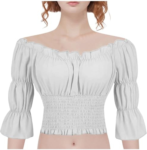 Blusa de tirolesa para mujer, con hombros descubiertos, manga 3/4, color blanco, estilo bávaro, para Oktoberfest, Blanco, XL