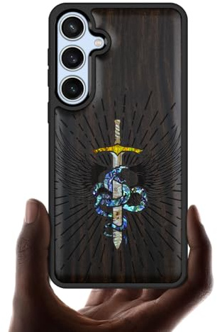 Carveit Designer Wooden Case for Samsung Galaxy S24 FE Case Cover [Wood Engraving & Shell Inlay] Compatible with Wireless Chargers S24 FE Cover (Serpent Winged Sword-Blackwood)