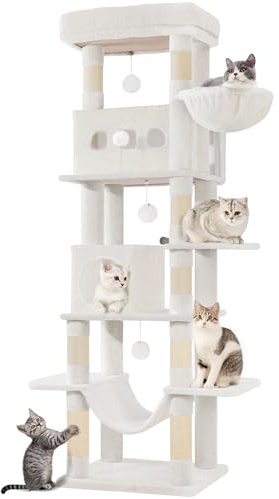 Hzuaneri 170 cm Grand Arbre à Chat, avec Grand Perchoir, Blanc Crème | Tour à Chat pour Chats D'intérieur, Tapis Lavable, 2 Niches Chats, 8 Griffoirs, Hamac, Pompons, MS17018WT