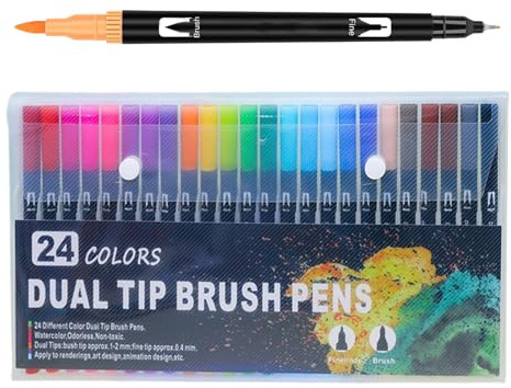 Dreamil 24 Farben Dual Brush Pen Set | Wasserfarben Stifte & Marker Aquarell Stifte | Mit dicker und dünner Spitze für Handlettering, Manga, Skizzen | Ideal für Erwachsene & Kinder