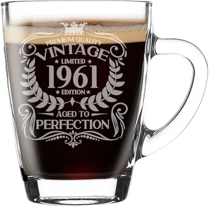 65th Birthday Gift for Men Vintage 1961 Aged to Perfection Engraved Glass Mug Gift for Coffee Lovers Tea Cup Present for 65 Year Old 300ml Coffee Mug Funny Novelty Mug Gift For Men or Women