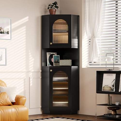 Mielvu Badschrank mit Lichtleiste, Badmöbel, Eckschrank mit Zwei Ablagefächern, offenes Fach mit verstellbaren Einlegeböden, 45x 45 x 166,5 cm (schwarz)