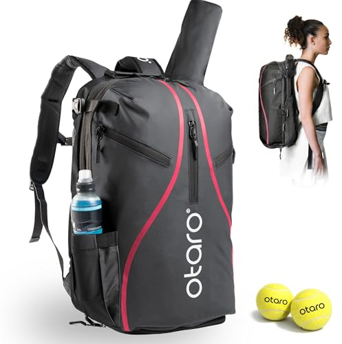 Otaro Tennisrucksack mit Schuhfach, Laptop- & Thermofach für 2 Schläger | 42 L | Tennistasche Herren | Getränk- & Ballfach | Tennistasche Damen inkl. Regenschutz & Wäschesack (Schwarz Pink)