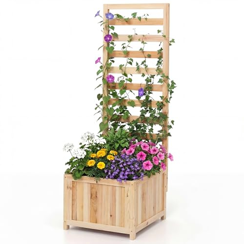 HOMASIS Pflanzkübel mit Rankgitter, Blumenkasten mit Spalier, Pflanzkasten aus Massivholz, Hochbeet Pflanzgefäß Rankkasten Gartenspalier Rankhilfe für Balkon Garten Terrasse (Natur, 42,5x40,5x123cm)
