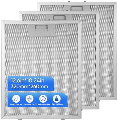 3 Pack Cooker Hood Filter Replacement 260x320mm, 5-Layer Aluminium Mesh, Easy to Install and Washable Kitchen Extractor Fan Vent Metal Grease Filter, 9mm Thick