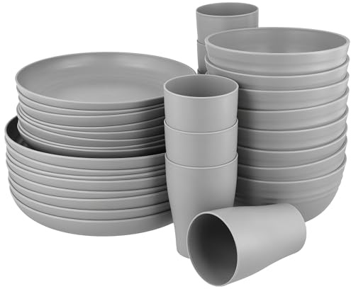 MUKSUET 32 Pcs Unbreakable Grey Plastic Dinnerware Set, Dinner and Salad Plates, Bowls, Cups for Camping, Picnic, Party, Microwave and Dishwasher Safe