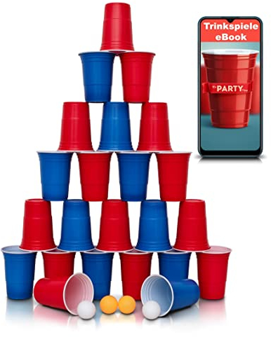 Gobelets Beer Pong - Set de fête avec [20x] gobelets de Haute qualité en Deux Couleurs - [4X] balles de ping-Pong incluses - E-Book avec Jeux à Boire - Base et côtés renforcés