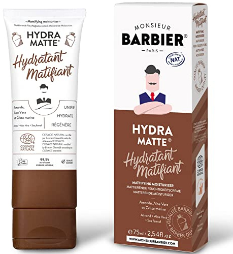 Crème Hydratante Visage Homme de Monsieur BARBIER | Naturelle, Végane et Française, certifiée COSMOS NAT/Ecocert | À base d'Huile d'Amande & d'Aloe Vera | Unifie, Hydrate et Régénère | 75mL
