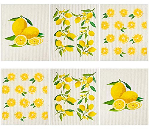 Boao Set of 6 Lemon Swedish Dishcloths Cleaning Cloths Absorbent Cellulose Cloth No Odor Reusable Dish Towel for Kitchen, Hand, Counter Wipes