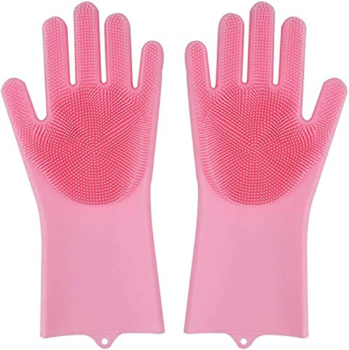 Silikon Spülhandschuhe mit Scrubber, Abwasch Reinigungshandschuhe, Wiederverwendbare Hitzebeständige, Magische Handschuhe für Küche, Bad, Auto, Pet Hair Care (rosa)