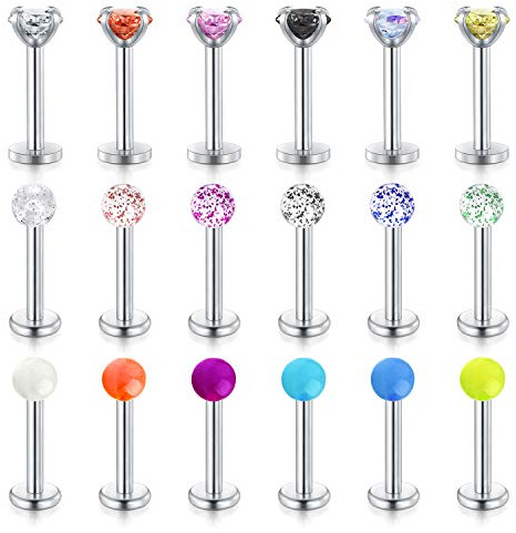 LAURITAMI 18stk Lippenpiercing Labret Stecker Chirurgenstahl 16G Piercing Conch Cartilage Tragus Helix Ohrring 8mm