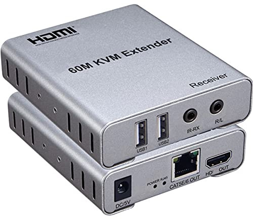 Swallows Extender HDMI KVM USB 60M, con audio 1080P R/L de CAT5E Cat6 RJ45 Cable Ethernet Transmisor Receptor Convertidor Audio Video PC Laptop a monitor TV