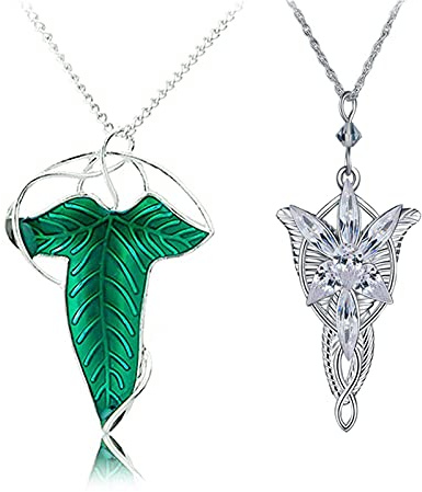 HJYZY 2pcs The Ring Necklace Vintage Green Leaf Elven Pin Brooch Pendant Chain Necklace