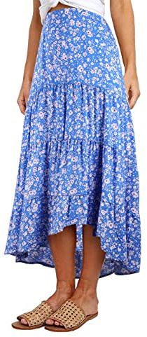PRETTYGARDEN Ditzy Floral Skirt Midi Boho Elastic High Waist Skirt A-line Long Vintage Skirts for Women Pleated Skirt (Blue, Large)