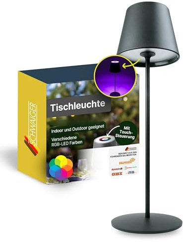 SCHWAIGER Tischleuchte I LED Tischlampe mit Touch-Steuerung I Akku-Lampe mit RGB und warmweiß I IP44 geschützt und aufladbar per USB-C I kabellose Lampe für Indoor & Outdoor