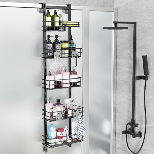 Orimade Duschregal über der Tür, verstellbar, rostfrei, mit Haken, Shampoo-Halter, Badezimmer-Regal mit Seifenhalter, Duschkorb mit Saugnapf, extra groß, 5 Etagen (US-Patent)
