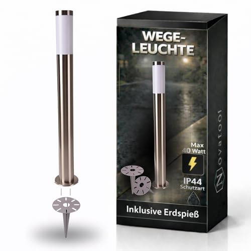 Novatool Gartenlampe I 80 cm I mit Erdspieß I Edelstahl I IP44 I E27 Sockel I Gartenleuchte Stehlampe Säulenlampe außen Außenlampe Aussenleuchten Sockelleuchte Pollerleuchte Wegeleuchte