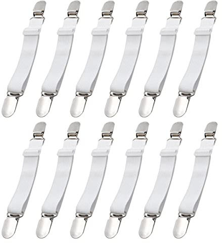 CINGHIA Clip Lenzuola,12 Pezzi Tenditori Regolabili per Lenzuola,Elastici per ASSE da Stiro,Regolabile,con Clip in Metallo Tenditore per Materassi per Lenzuola Bianco