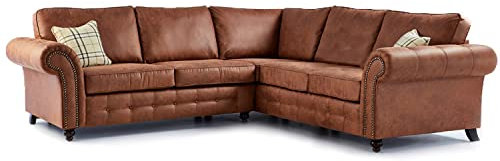 Furnishings For Less UK New Oakland Large 5 Seater Corner Sofa Leather Tan Brown Chesterfield Country Style (Corner, Tan)