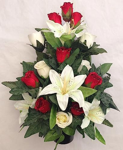 Grave Pot Arrangement Artificial Rose Lily Silk Flower Flat Back Memorial 12